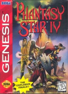 Box art for Phantasy Star IV on the Sega Genesis, featuring heroic characters in a dramatic pose with a mystical mountain in the background.