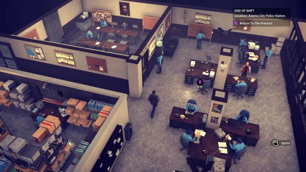 A detailed view of the bustling Averno City Police Station, with officers working at desks, sorting evidence, and strategizing in the briefing room.