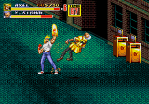 Gameplay from Streets of Rage 2 showing Axel delivering a punch to an enemy on a gritty, urban street setting.