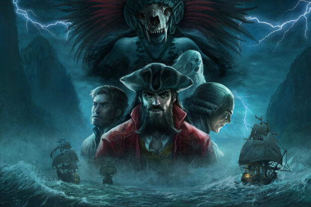 A dramatic promotional image for Flint: Treasure of Oblivion featuring a pirate captain in a red coat surrounded by eerie characters, including a masked shaman, a ghostly figure, and two crewmates. Stormy seas and ships in battle are shown below against a dark, foreboding backdrop.