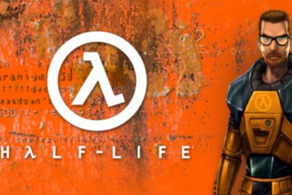 Half-Life cover art featuring Gordon Freeman in his H.E.V. suit against an orange industrial background with the Lambda logo.