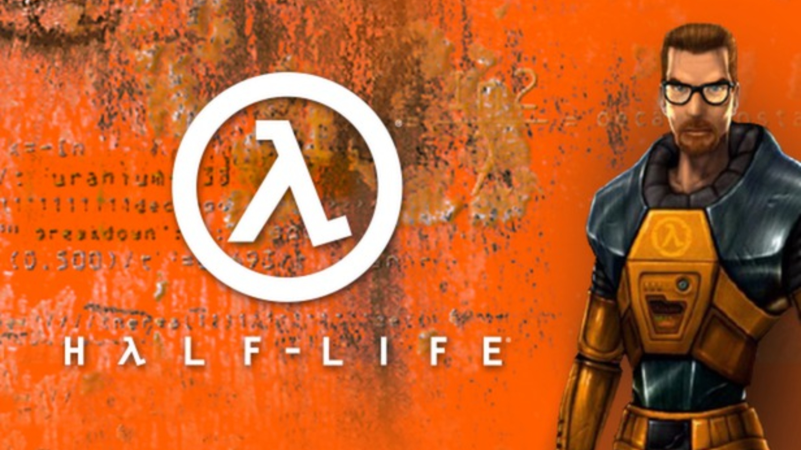 Half-Life cover art featuring Gordon Freeman in his H.E.V. suit against an orange industrial background with the Lambda logo.