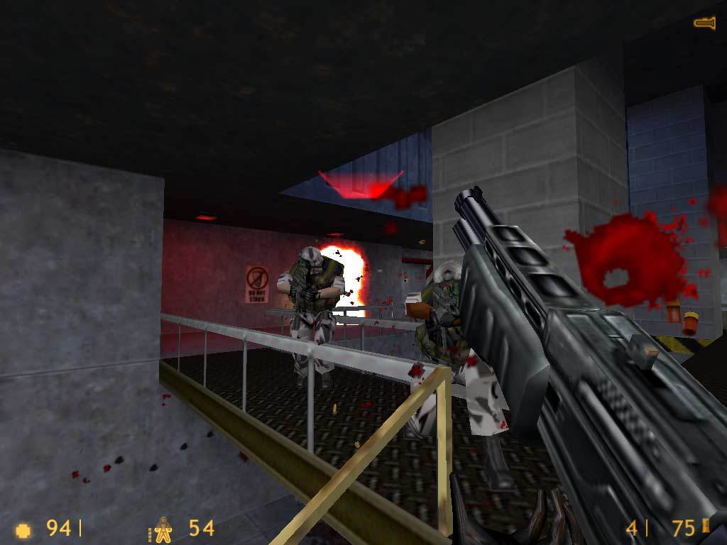 Gameplay screenshot showing Gordon Freeman firing a shotgun at marines in an industrial setting with blood effects.