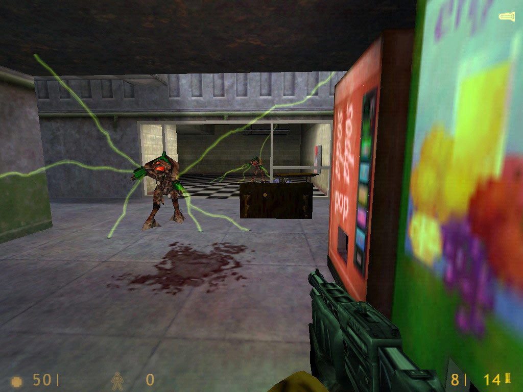 Two Vortigaunts firing green energy beams at Gordon Freeman in a ruined lobby near vending machines.