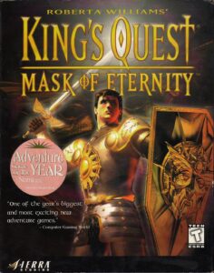 Box art for King’s Quest: Mask of Eternity showing the protagonist, Connor, holding a sword and shield with glowing golden armor.