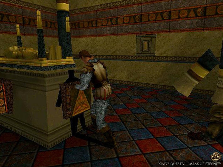 Screenshot of Connor pushing a large stone block inside a temple with ornate golden and red details on the walls.