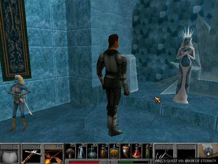 Connor in icy blue surroundings, facing an NPC resembling an Ice Queen, while a female warrior stands nearby.