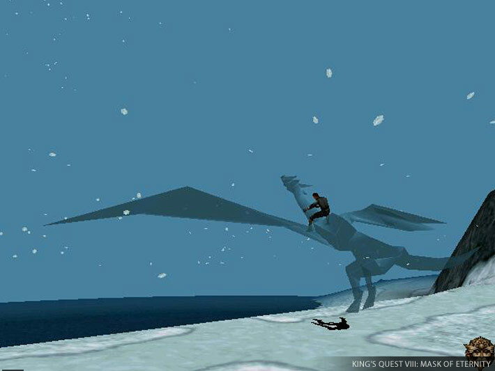 Connor riding a large ice dragon across a snowy landscape with snowflakes falling in the background.