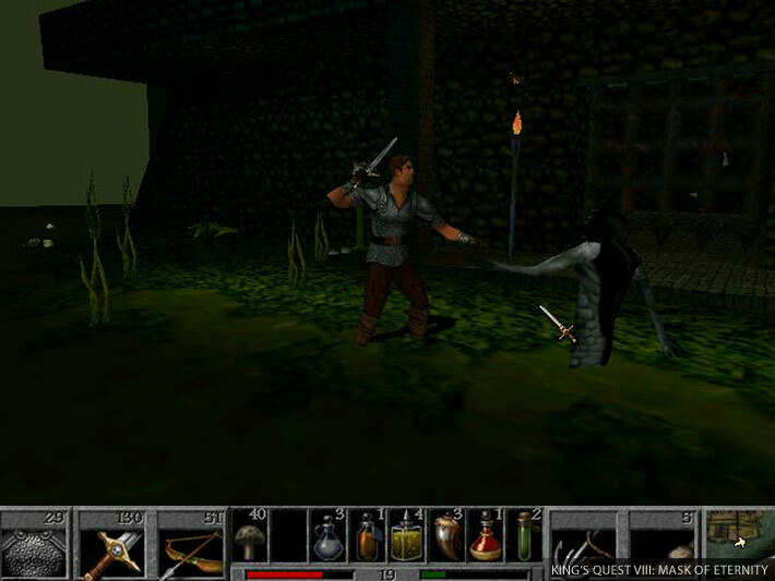 Connor fighting a shadowy swamp creature with a sword, surrounded by dark green water and lit torches.