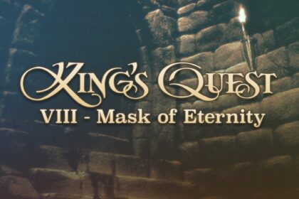 King’s Quest VIII: Mask of Eternity title screen with golden text against a dark, stone dungeon background.