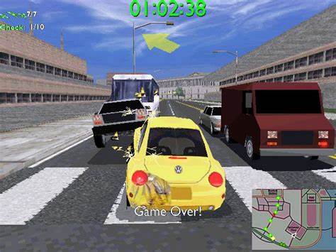 A yellow Volkswagen Beetle in Midtown Madness collides with a bus and other vehicles at an intersection. "Game Over" is displayed on the screen, and the mini-map in the corner shows the race route.