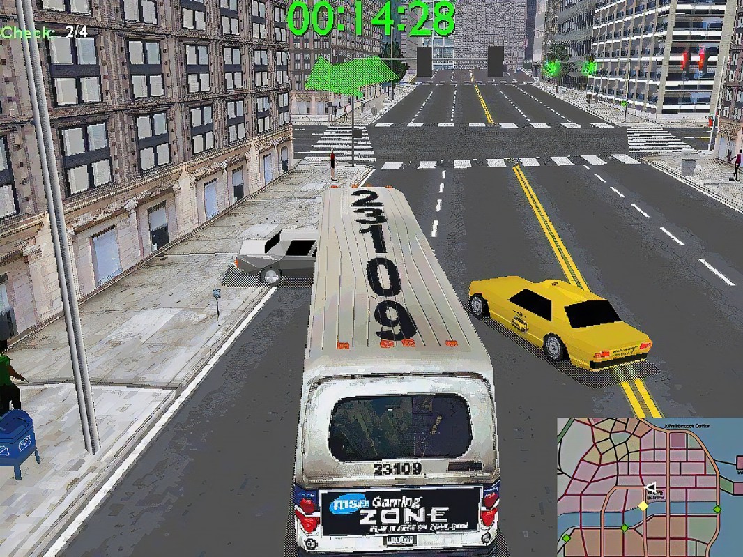 A city bus in Midtown Madness drives through an intersection filled with yellow cabs and civilian cars. The in-game timer and checkpoint progress are visible at the top of the screen.