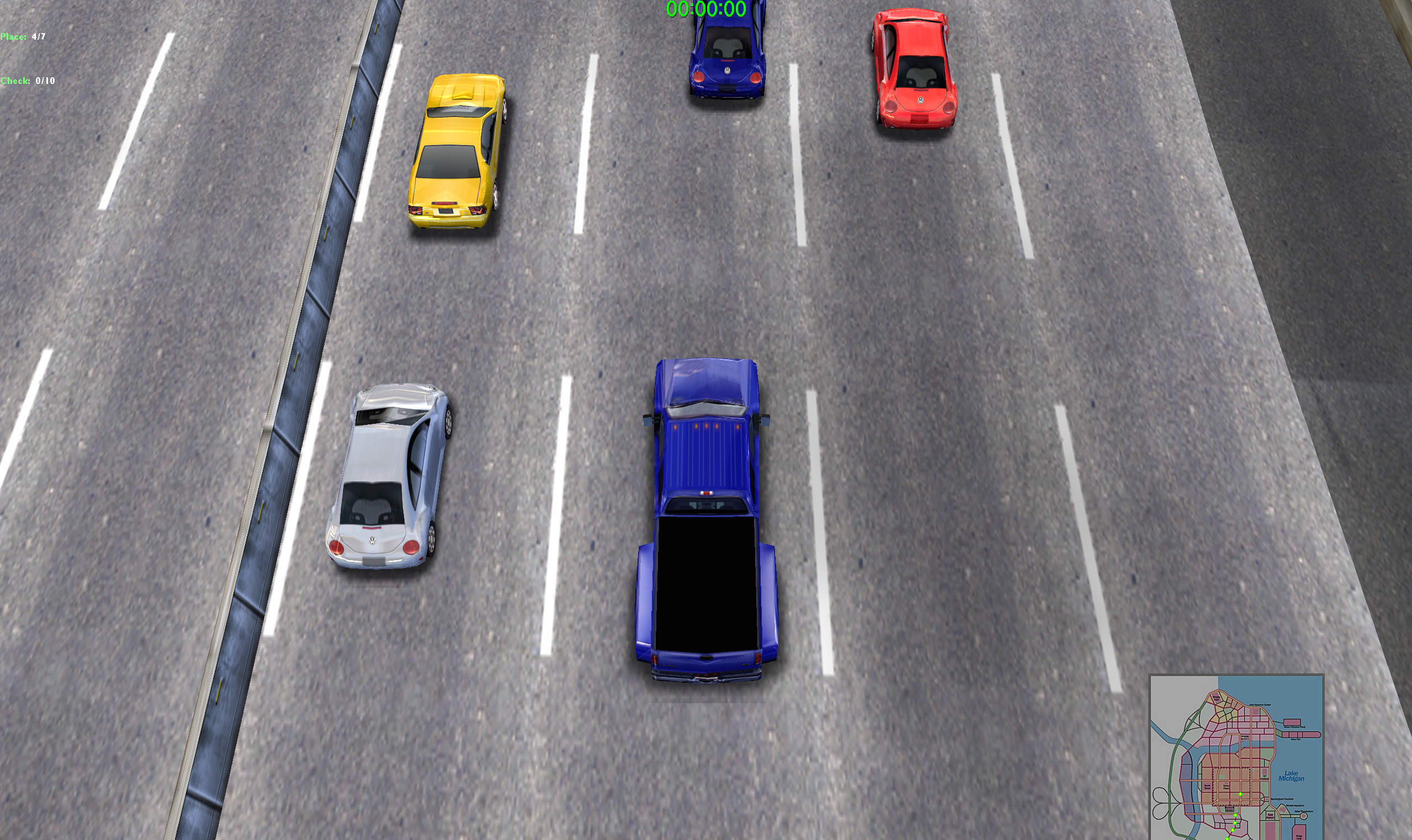 A top-down view of the starting grid in Midtown Madness, showing various cars—including a yellow sports car, a silver Beetle, and a blue pickup truck—lined up on a highway.