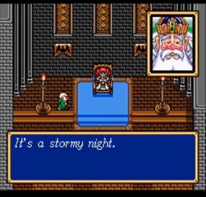 Gameplay from Shining Force II showing a royal chamber with the King and a dialogue box reading 'It’s a stormy night.'