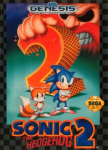 Box art for Sonic the Hedgehog 2 on Sega Genesis, showing Sonic and Tails in front of a giant red '2' held by Dr. Robotnik.