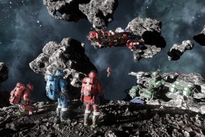 A group of space engineers equipped with jetpacks, working together near asteroids and a red battleship in Space Engineers 2.