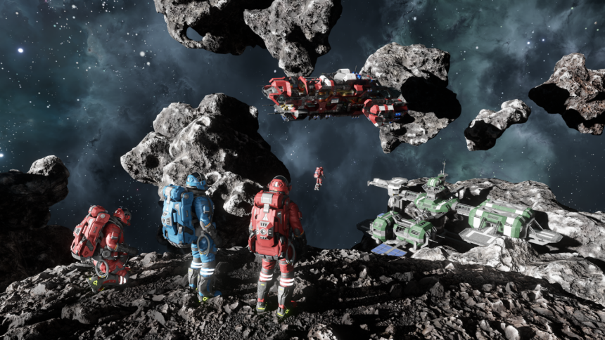 A group of space engineers equipped with jetpacks, working together near asteroids and a red battleship in Space Engineers 2.