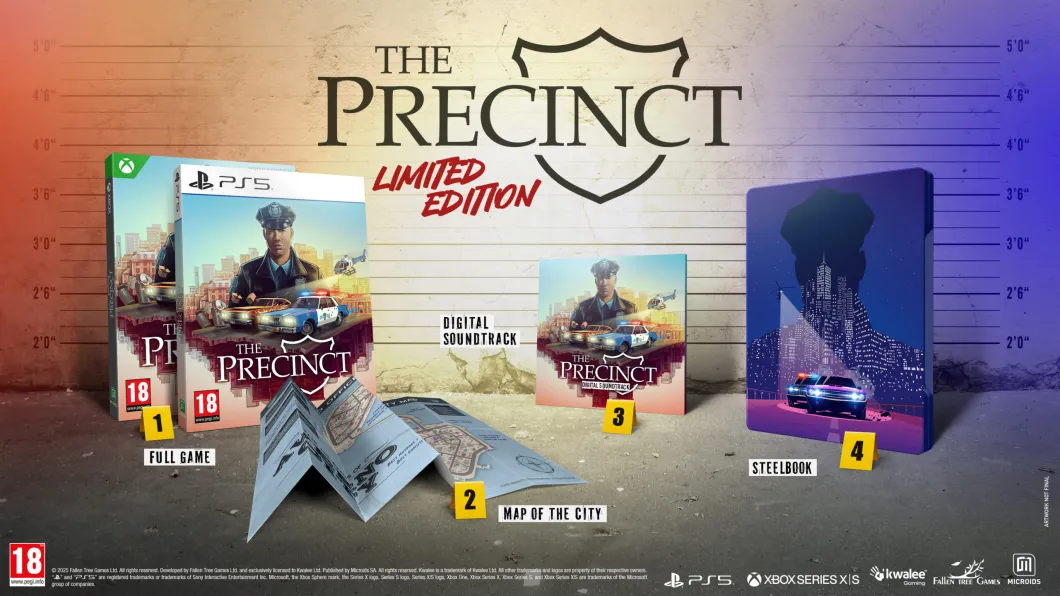 The Limited Edition bundle of The Precinct featuring the game’s physical copy, steelbook, a map of Averno City, and a digital soundtrack.