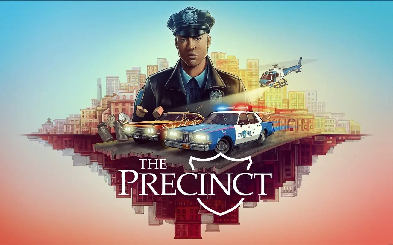 Official artwork for The Precinct featuring Officer Nick Cordell Jr. with police cars and a helicopter against a backdrop of Averno City.