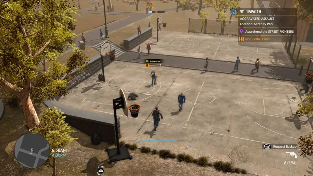 A tense standoff between Officer Nick Cordell Jr. and street fighters at a basketball court in The Precinct.