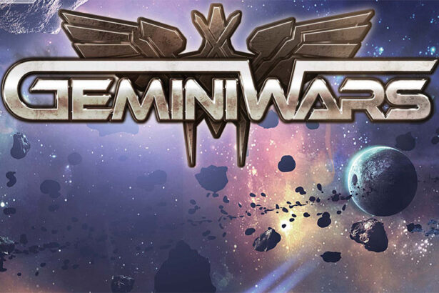 The Gemini Wars logo displayed against a vibrant space background featuring asteroids, a glowing planet, and colorful nebulae.