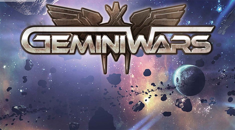 The Gemini Wars logo displayed against a vibrant space background featuring asteroids, a glowing planet, and colorful nebulae.