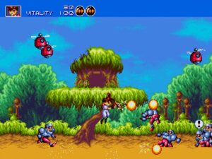 Gameplay from Gunstar Heroes showing a chaotic battle in a jungle environment with enemies firing lasers and explosions all around.