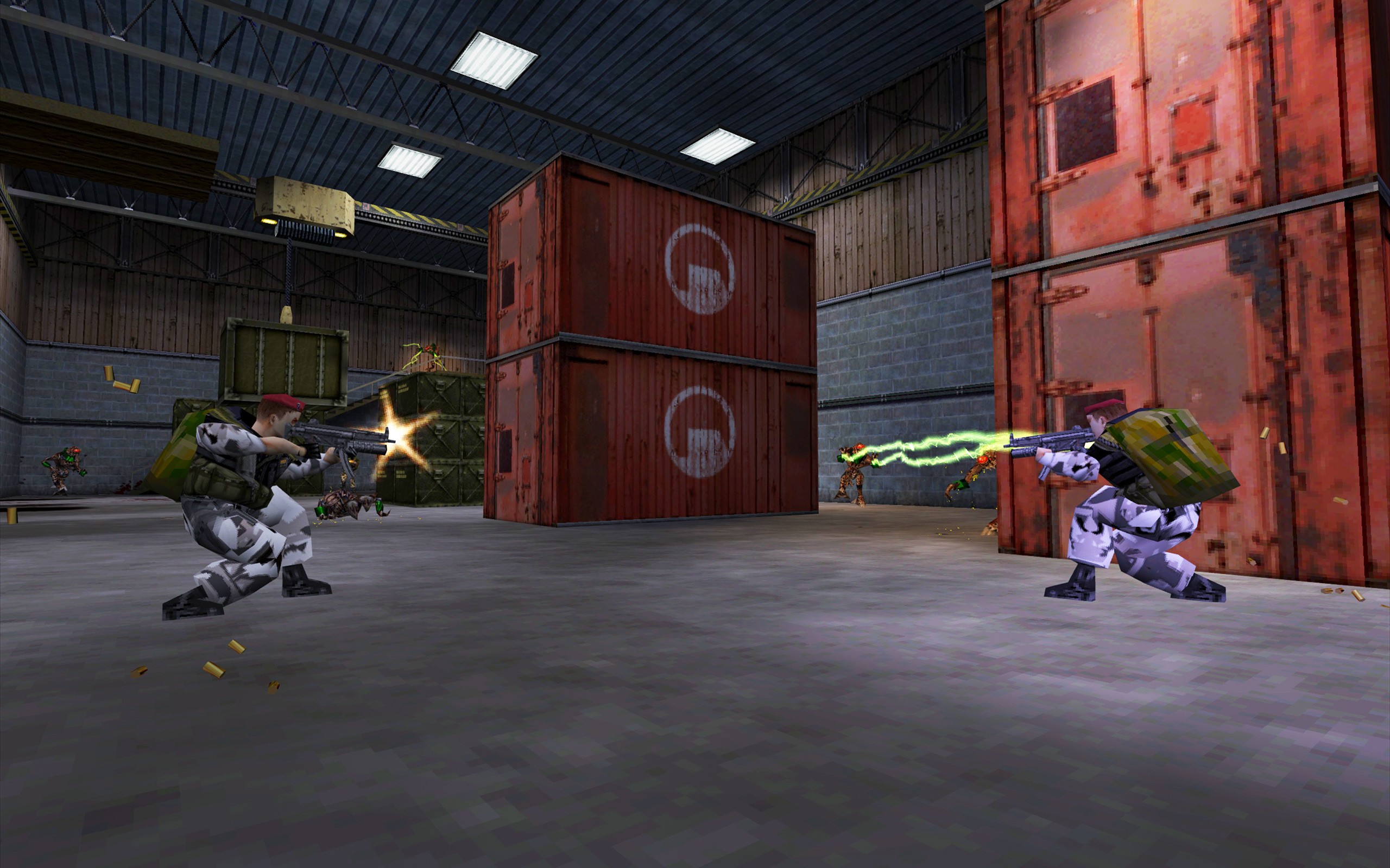 Multiplayer action showing soldiers in combat, firing at each other in a warehouse with red shipping containers.