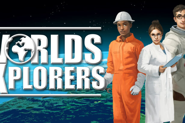 The Worlds Explorers logo with three characters standing in front of a planet backdrop. One character is in an orange engineer jumpsuit and helmet, another in a white scientist lab coat with glasses, and the third in a bulky astronaut suit.