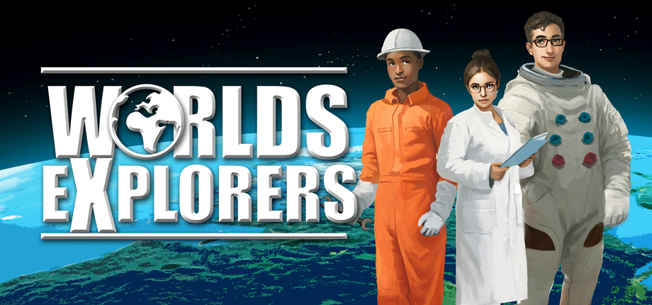 The Worlds Explorers logo with three characters standing in front of a planet backdrop. One character is in an orange engineer jumpsuit and helmet, another in a white scientist lab coat with glasses, and the third in a bulky astronaut suit.