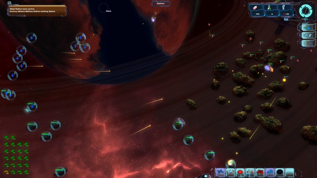 A top-down view of a player’s fleet engaged in battle, firing projectiles toward enemy units near an asteroid field and a massive planet in the background.