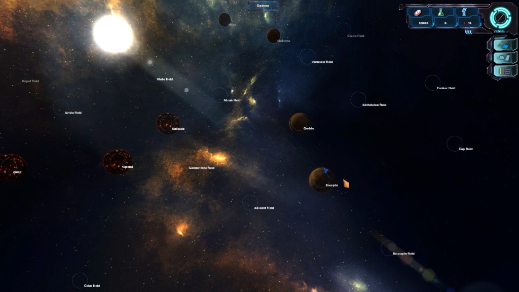 A large galaxy map showing multiple planets and regions, each labeled with unique names like "Verdis," "Norak Field," and "Gorida," against a colorful starfield.