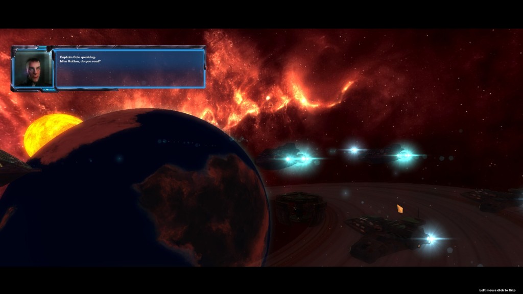 A dramatic scene showing spaceships entering orbit around a ringed planet, with glowing engines illuminating the fiery red nebula in the background. A text box with dialog is shown on-screen.