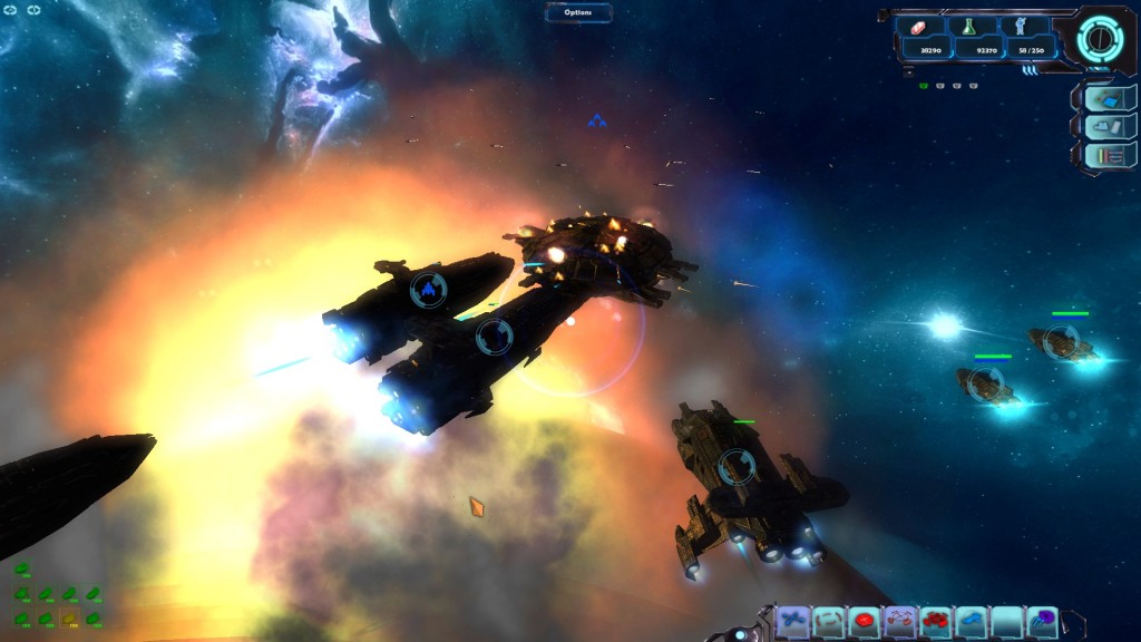 A close-up shot of two large spaceships engaging in battle, with one ship engulfed in fiery explosions while other ships fire glowing projectiles in the background.