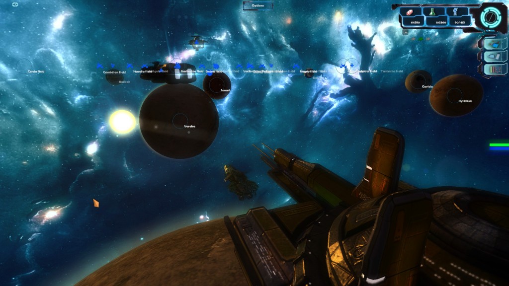 A player’s fleet orbits a dark planet, with multiple planets and celestial markers visible in the distance against a deep blue nebula. A large space station dominates the foreground.