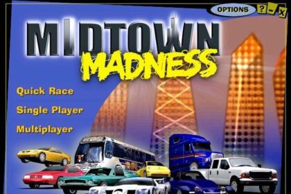 The main menu screen of Midtown Madness, featuring the game’s logo and a lineup of playable vehicles, including sports cars, a city bus, and a pickup truck. Menu options like "Quick Race" and "Multiplayer" are listed.