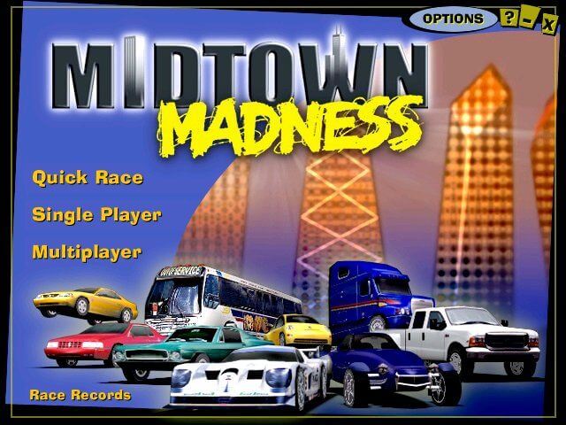 The main menu screen of Midtown Madness, featuring the game’s logo and a lineup of playable vehicles, including sports cars, a city bus, and a pickup truck. Menu options like "Quick Race" and "Multiplayer" are listed.