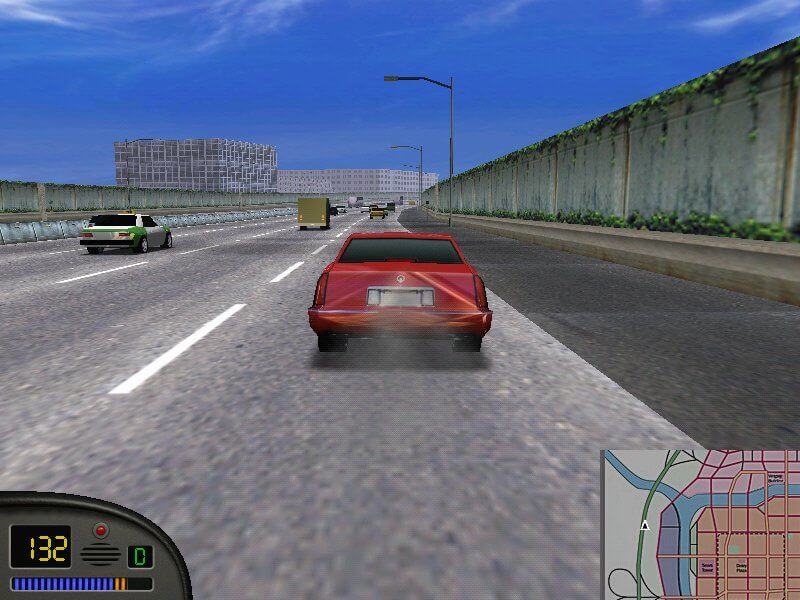 A rear-view perspective of a red car speeding down a highway in Midtown Madness, surrounded by civilian traffic. The speedometer shows 132 mph, and a mini-map in the corner provides navigation details.